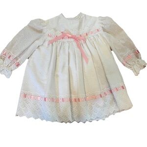 Vintage little‎ girls white eyelet lace dress size 3T pink ribbon party 1970s